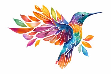 Vibrant, colorful hummingbird illustration with mosaic-style feathers, depicting beauty and nature on white background.