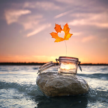 glass with a colorful autumn leaf at the ocean