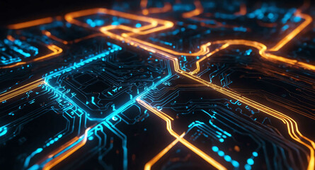 Digital circuit pathways glowing light abstract background