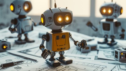 Toy robots with glowing yellow eyes stand on technical blueprints, creating a scene that mixes a sense of wonder with detailed engineering. The combination of light and design highlights the fusion of