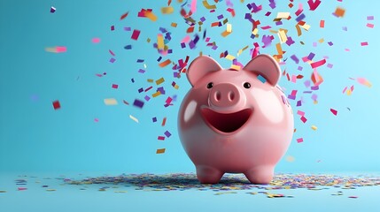 Overflowing pink piggy bank showering colorful payday confetti symbolizing a financial boost wealth growth income increase and overall prosperity