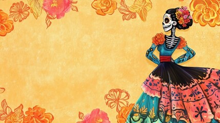 Fototapeta premium Elegant Catrina in colorful attire surrounded by flowers