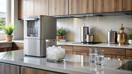 Metallic countertop ice maker in a modern kitchen setting, metallic, countertop, ice maker, modern, kitchen