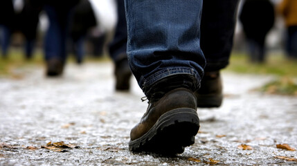 legs striding through a busy city street, with a focus on the movement amidst a crowd, symbolizing individuality and the journey of navigating through life's hustle and bustle