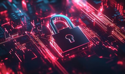 A Shiny Padlock Rests on a Circuit Board Glowing with Red and Blue Light