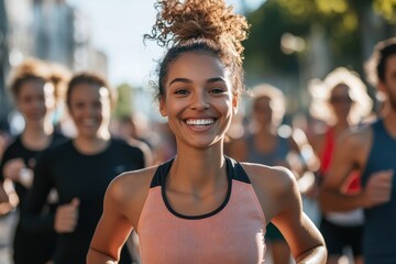 Various people running a city marathon during the day An energetic female runner aims for the finish with the support of loved ones