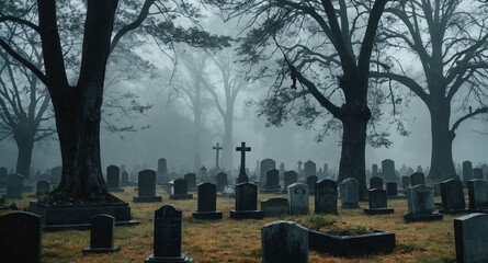 Naklejka premium eerie fog covered tombstone on cemetery background