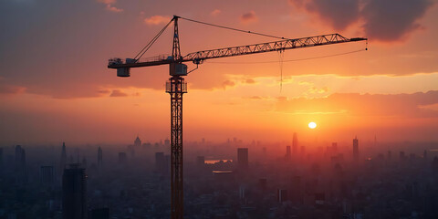 A towering construction crane stands tall against the backdrop of a city skyline bathed in the warm, golden light of sunset