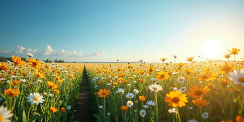 Fototapeta premium A vast field of yellow and white daisies stretches under a clear, bright blue sky