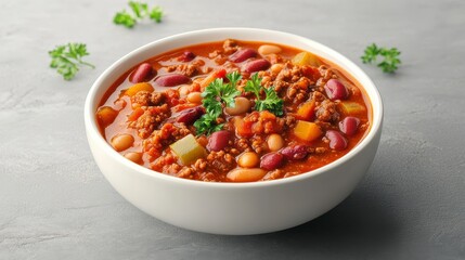 A delicious bowl of hearty chili, featuring beans, ground meat, and vibrant vegetables, perfect for a cozy meal.