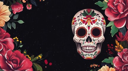 Single decorated skull surrounded by layered vibrant florals