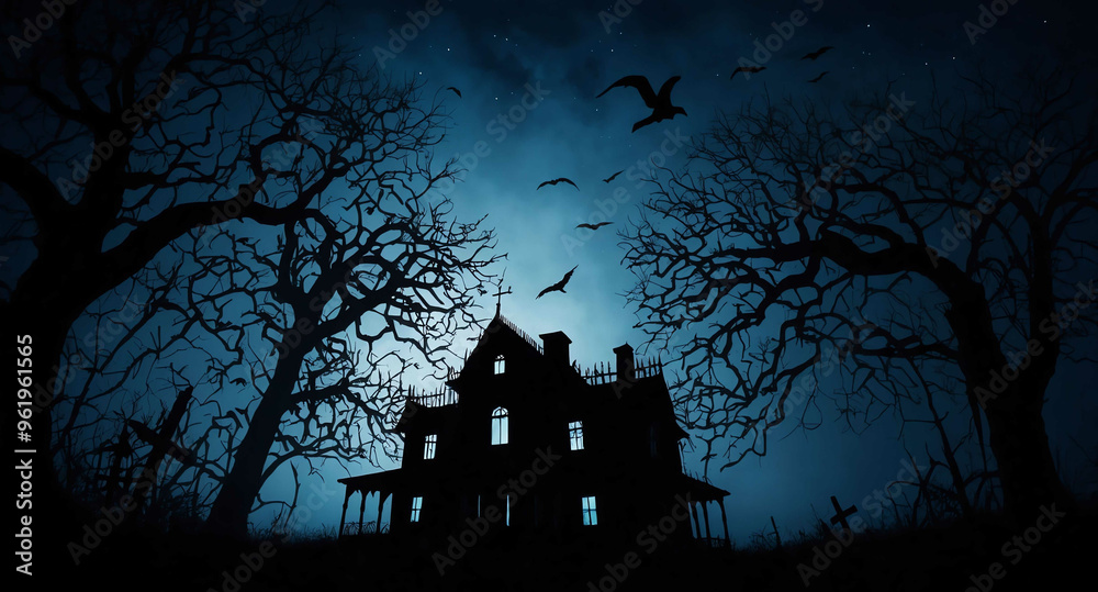 Poster Eerie haunted house silhouette night abstract background