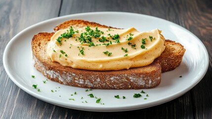 Delicious toasted bread topped with creamy spread and fresh herbs, perfect for a gourmet snack or breakfast.