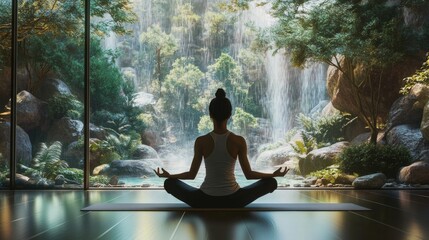 Woman meditating in front of a waterfall.