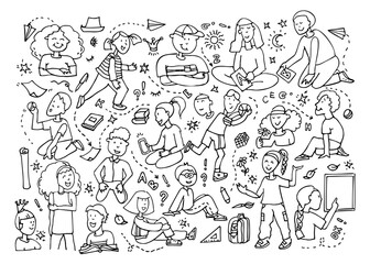 Back to school! Set objects: school, children, lessons, student, kids, stationery, books, textbooks, pen, ruler, marker, schoolchildren. Cute background with linear pattern vector illustration