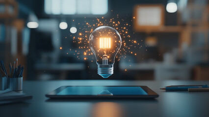 Floating light bulb on top of a tablet showing technology innovation and startup concept. Business idea and innovation concept