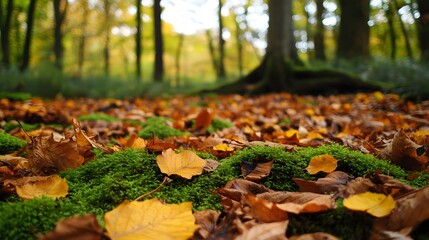 19. Dense forest floor with fallen leaves and moss