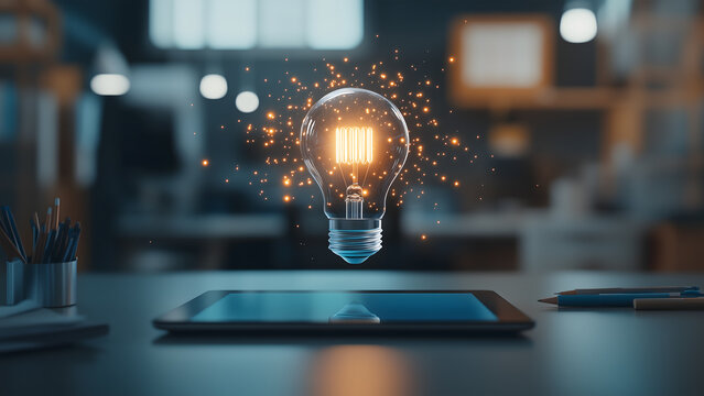 Floating light bulb on top of a tablet showing technology innovation and startup concept. Business idea and innovation concept