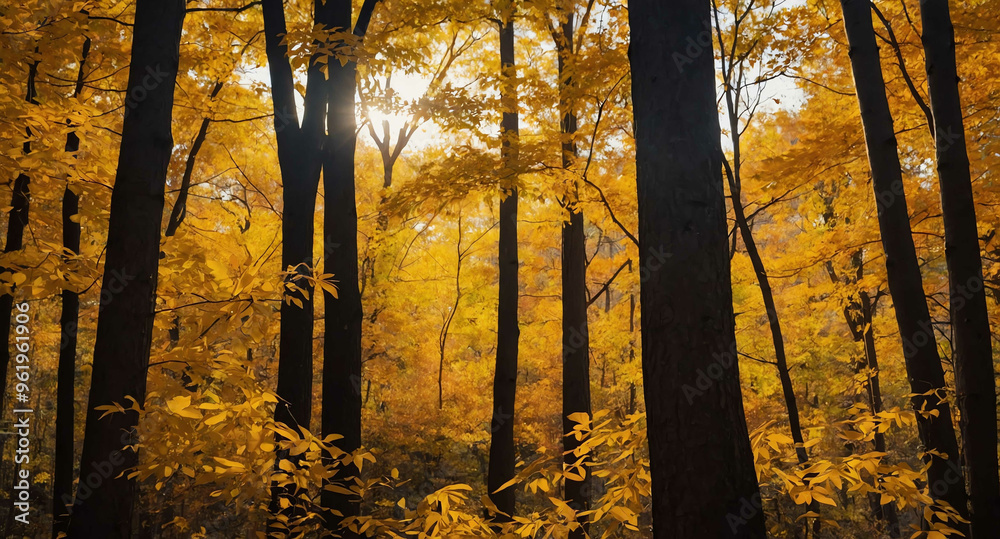 Poster Fall foliage with golden lights abstract background