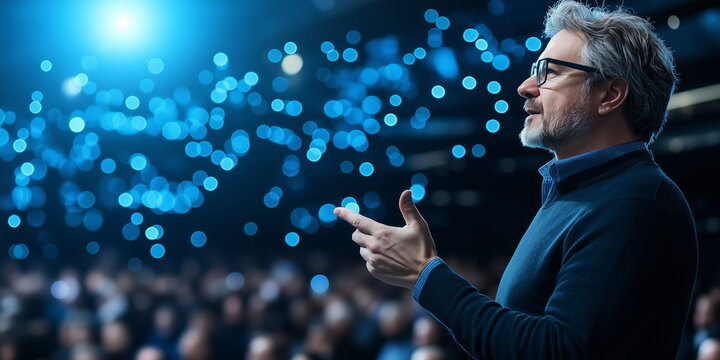 A speaker giving a lecture to an audience in an auditorium, or hall. IT Conference, A seminar. Hand edited generative AI.
