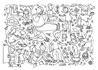 Back to school! Set objects: school, children, lessons, student, kids, stationery, books, textbooks, pen, ruler, marker, schoolchildren. Cute background with linear pattern vector illustration.