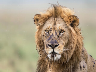 Obraz premium Majestic male lion with a powerful gaze in close-up