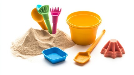 Beach Toys with Sand on White Background.