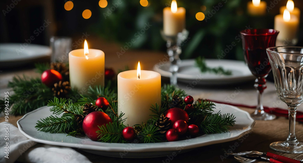 Sticker Festive table setting with candles and greenery background