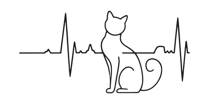 Minimalist cat silhouette with heartbeat EKG line in black and white for veterinary healthcare design