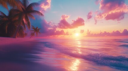 Obraz premium Beautiful sunset on a tropical beach, with vibrant skies, palm trees, and ocean waves, perfect for travel, vacation, and summer themes