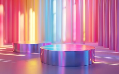 A Group of 3D Products Showcased on a Vibrant Background, Illuminated with Soft Lighting, in a Modern Studio Setting