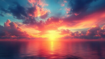 Fototapeta premium ethereal sky ablaze with vibrant sunset hues gradient from deep blue to fiery orange and pink dreamy panoramic cloudscape uplifting and serene atmosphere