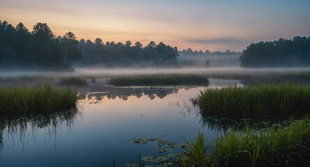 Obraz premium Fog rising from eerie pond at dusk background