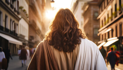  Jesus Christ walking in a city street, viewed from behind. _1(631)