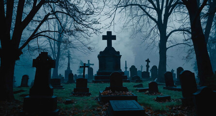 Fototapeta premium Foggy dark graveyard shapes abstract background