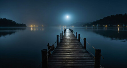 Fototapeta premium Foggy dock over dark water at night background