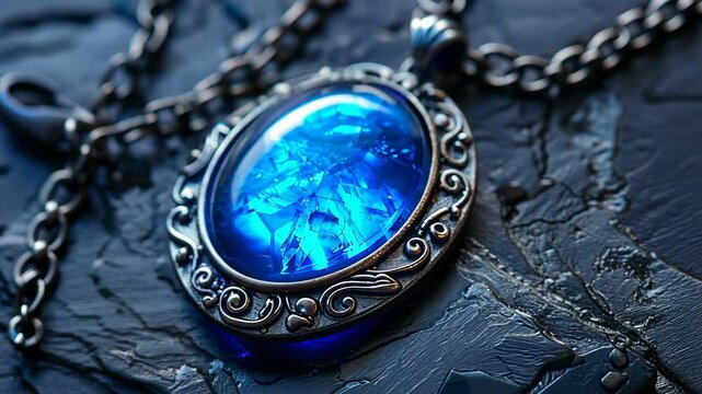 Exploring the intricate design of a vintage blue gemstone pendant on a textured dark surface
