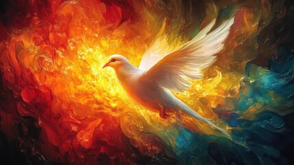 ethereal white dove descending upon kneeling man radiating divine light tongues of fire swirling energy stained glassinspired color palette