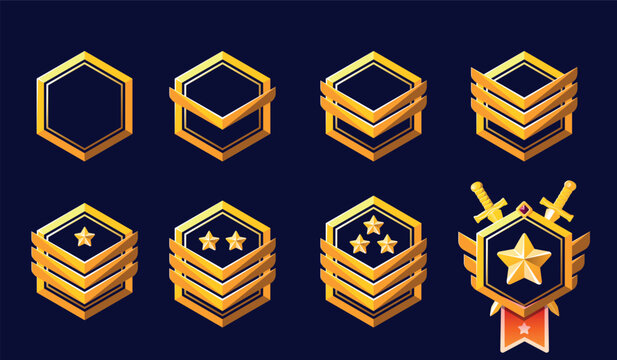 Set of game rank icons isolated. Military game ranking badge set with star insignia