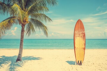 Vintage style filter on beach with surfboard and palm tree