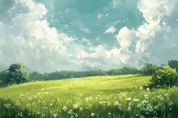 Lush Green Field with White Flowers and Cloudy Sky
