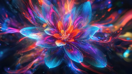 Obraz premium Otherworldly flowers emitting radiant tendrils of red, blue, and purple light against a dynamic, colorful kaleidoscopic background