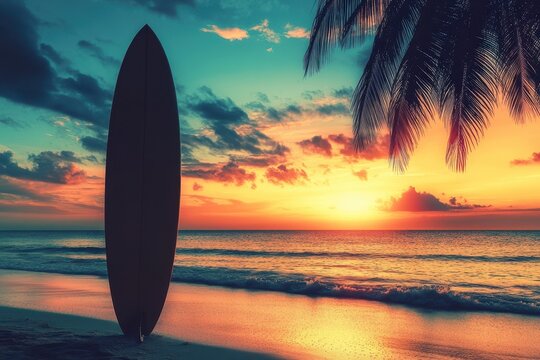 Vintage toned summer beach scene with palm tree and silhouette surfboard at sunset