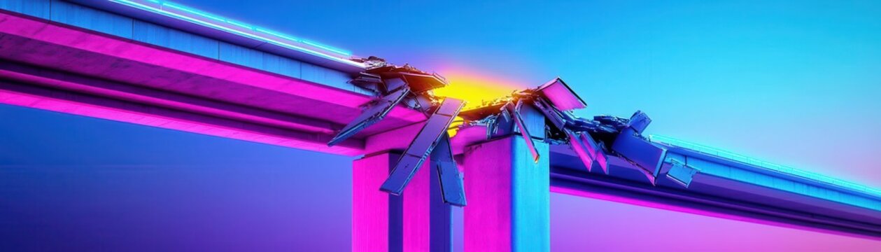 A bridge with broken sections being digitally reconstructed in real-time, showing the repair process, Futuristic, CGI, Neon colors, High detail