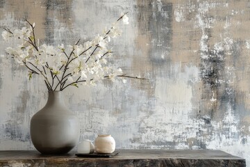 White Blossoms in a Gray Vase on a Wooden Shelf