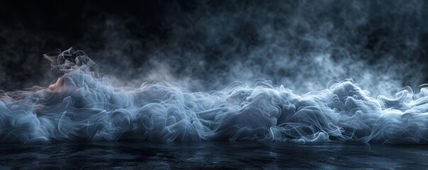 Futuristic 3D Product Display Enveloped in Mystical Smoke, Set in a High-Tech Environment, Illuminated with Soft Blue Hues, Captured in a Timeless Moment of Innovation and Elegance