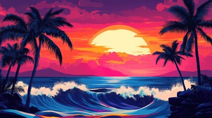 Obraz premium Sunset paradise with palm trees and crashing waves, set against a vibrant, colorful sky, perfect for vacation and travel scenes