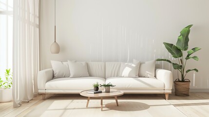 A white living room with a white sofa, a round coffee table, and a plant.