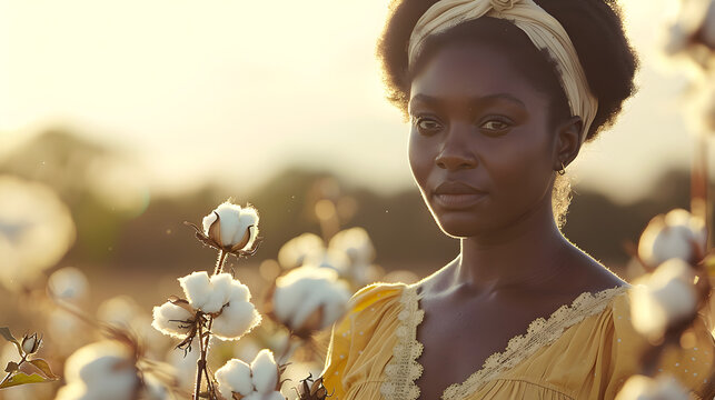 young black slave woman picking cotton on a hot day in cotton field	