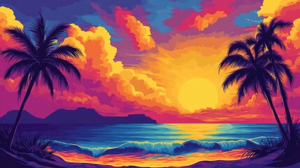 Tropical sunset with vibrant colors, palm trees, and gentle waves under a dynamic sky, perfect for vacation and travel themes